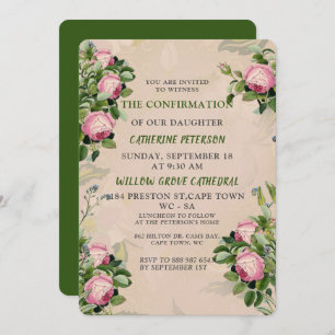 A Victorian Garden Greens, Pink Roses Confirmation Invitation