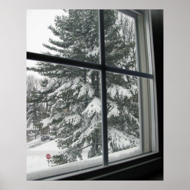 A View from Window of Snow Covered Evergreen Poster (Front)