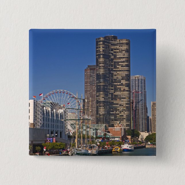 A view of Chicago's Navy Pier 15 Cm Square Badge (Front)