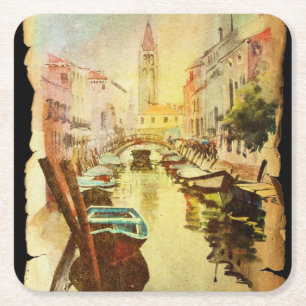 A View Of The Canal With Boats And Buildings Square Paper Coaster