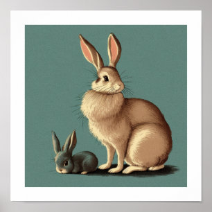 A Vintage Brown Rabbit and Grey Bunny Poster