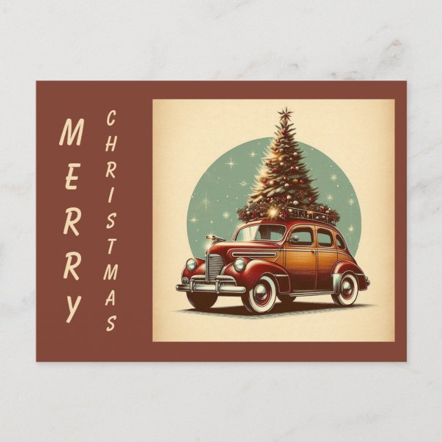 A vintage Christmas classic car Holiday Postcard (Front)