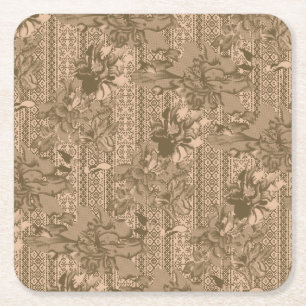 A vintage floral pattern with intricate brown desi square paper coaster
