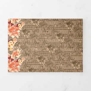 A vintage floral pattern with intricate brown desi Tri-Fold invitation