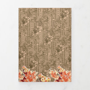 A vintage floral pattern with intricate brown desi Tri-Fold invitation