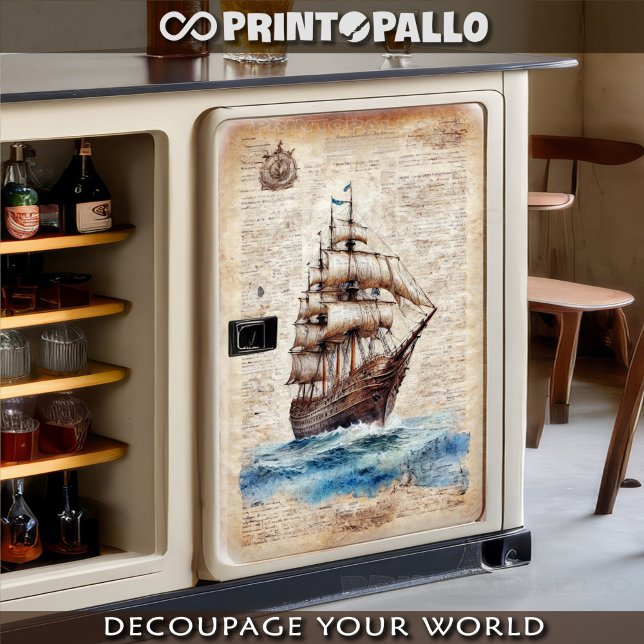 A vintage newspaper sheet with a sailing ship. (Creator Uploaded)