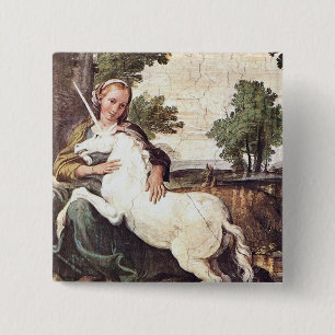 A Virgin with a Unicorn by Domenico Zampieri 15 Cm Square Badge