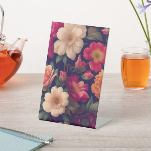 A wallpaper with a floral pattern pedestal sign