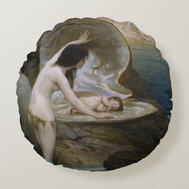 A Water Baby Found in Seashell by Bikini Nymph Round Cushion (Front)