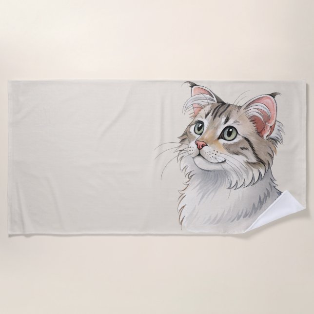  A watercolor American Curl, cat Beach Towel (Front)