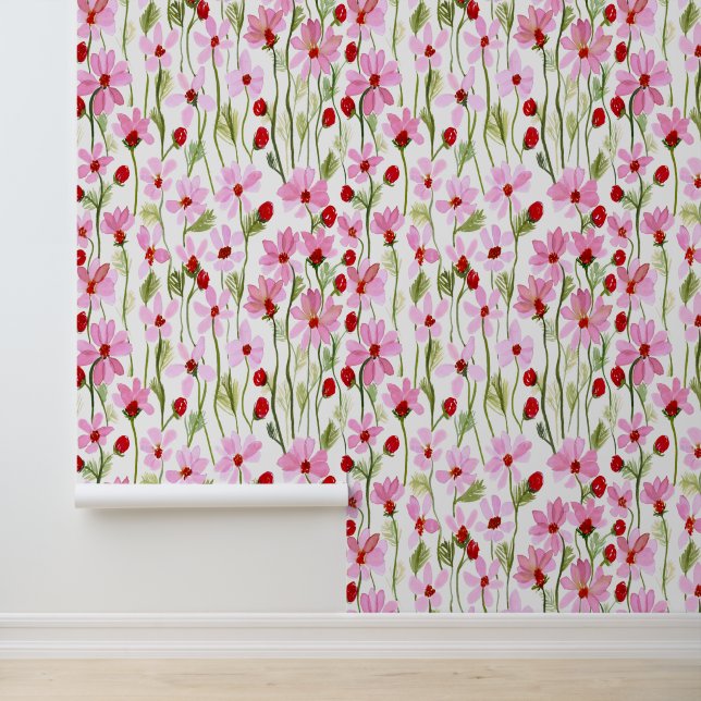 A Watercolor Field Of Pink Wild Flowers Wallpaper (Application)