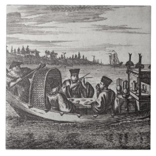 A Wealthy Mandarin Dining in a Boat, illustration Tile