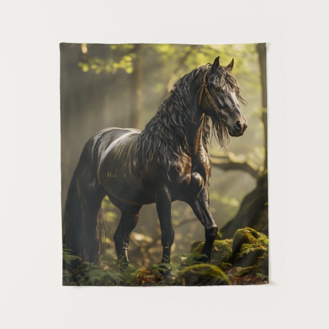 A wet black curly horse stands in a green forest tapestry (Front)
