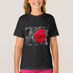 a wet rose and a roses climb on a wall on t-shirt