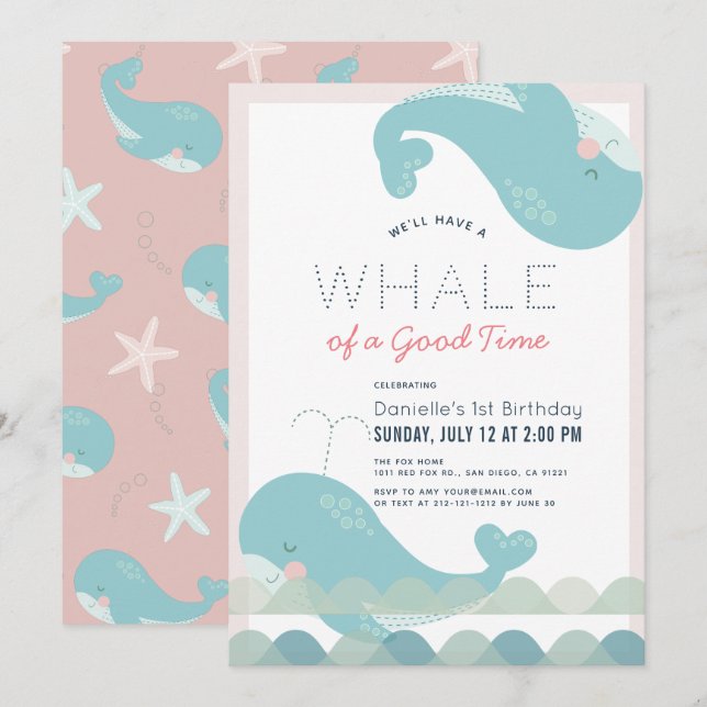 A Whale of a Good Time Pink Girl 1st Birthday Invitation (Front/Back)