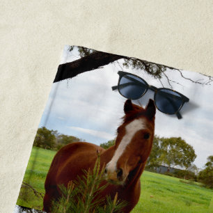 "A Whiff of Nature: A Chestnut Horse and Banksia, Beach Towel