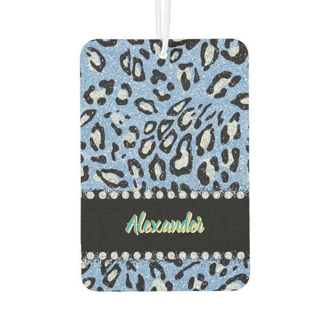 A whimsical blue Leopard print with floral accents Car Air Freshener (Back)