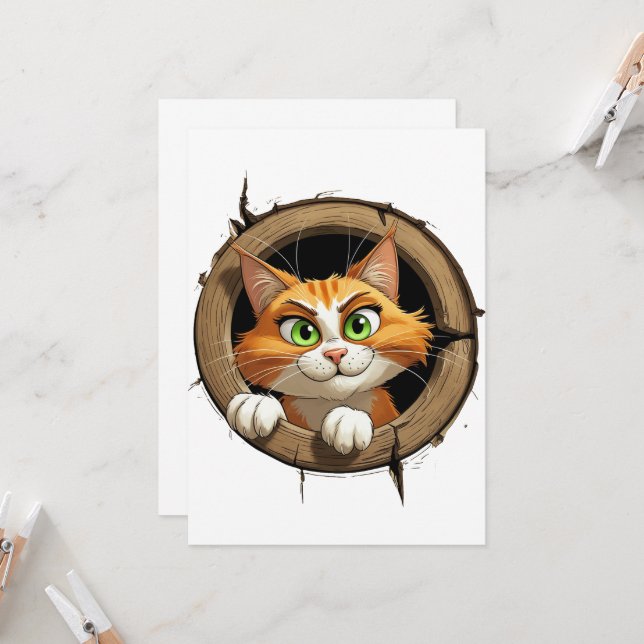 A Whimsical Cartoon Cat with Bright Green Eyes Pee Invitation (Front/Back In Situ)