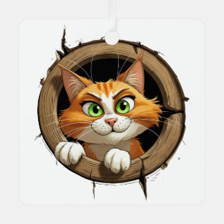 A Whimsical Cartoon Cat with Bright Green Eyes Pee Metal Tree Decoration