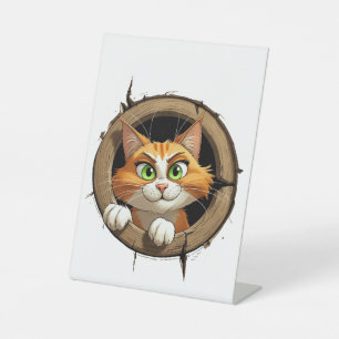 A Whimsical Cartoon Cat with Bright Green Eyes Pee Pedestal Sign