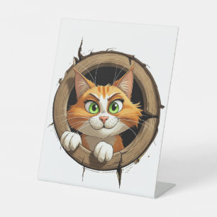 A Whimsical Cartoon Cat with Bright Green Eyes Pee Pedestal Sign