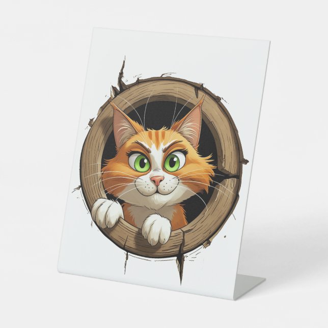 A Whimsical Cartoon Cat with Bright Green Eyes Pee Pedestal Sign (Front)