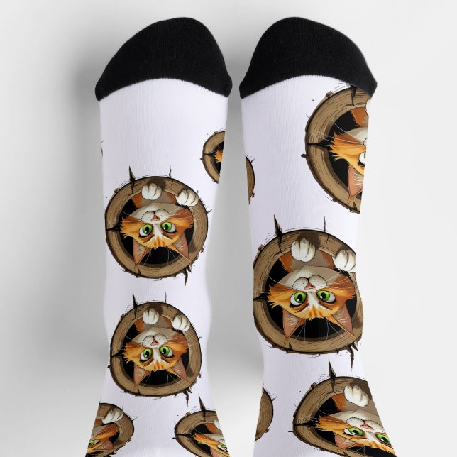 A Whimsical Cartoon Cat with Bright Green Eyes Pee Socks (Top)
