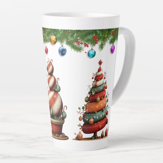 A Whimsical Christmas Topiary Trees Latte Mug (Right Angle)