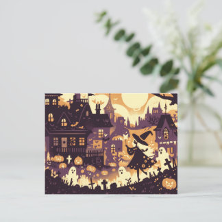 A Whimsical Halloween Night with the Little Witch Holiday Postcard