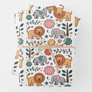 A whimsical pattern featuring playful lions wrapping paper sheet