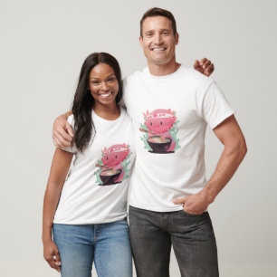 A whimsical scene of a cute axolotl eating Ramen T-Shirt