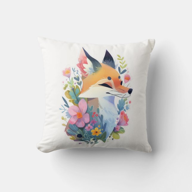 A whimsical scene of a cute fox in the flowers cushion (Front)