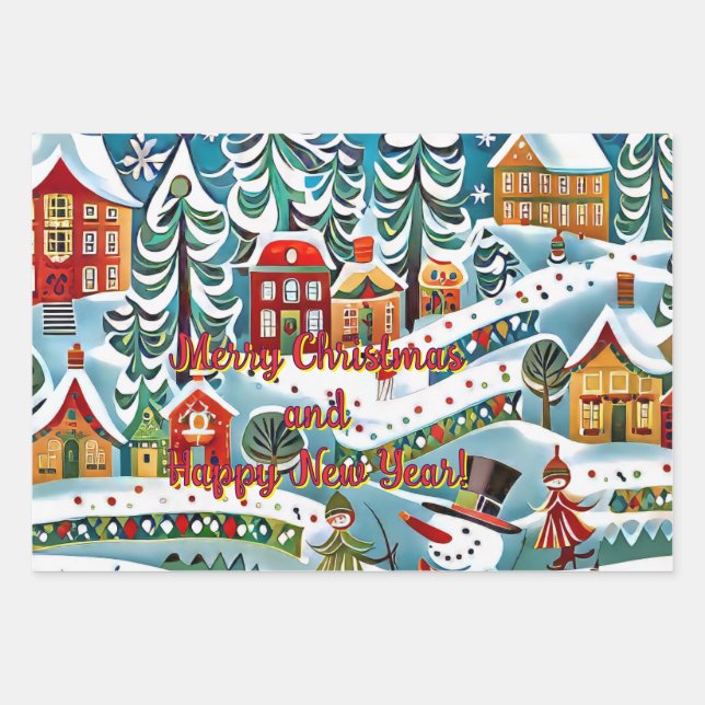A whimsical winter scene features a lively village wrapping paper sheet (Front)