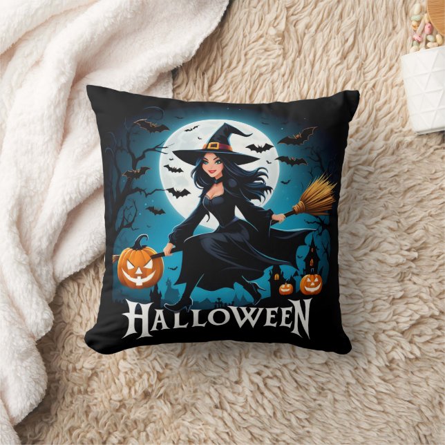 A whimsical witch flying under a full moon cushion (Blanket)