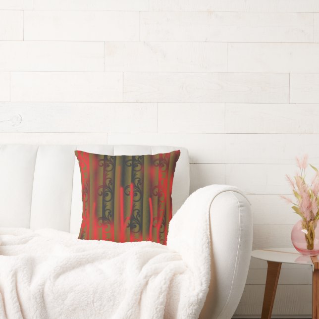 a white and brown striped wallpaper with a pattern cushion (Couch)