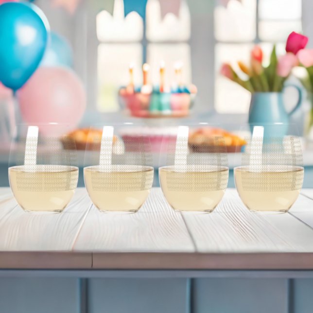 a white and gold geometric pattern stemless wine glass (Insitu (Baby Shower))