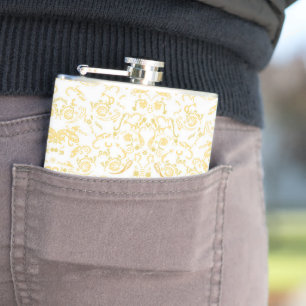 a white and gold wallpaper with a pattern on it hip flask