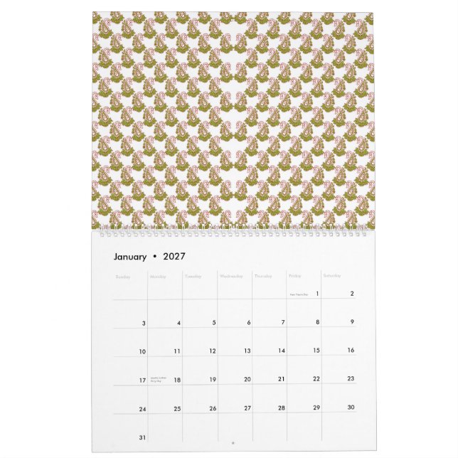 a white background with a pattern of green leaves calendar (Jan 2027)