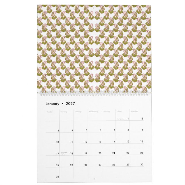a white background with a pattern of green leaves calendar (Jan 2027)