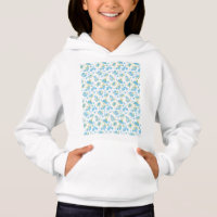a white background with blue flowers and green lea
