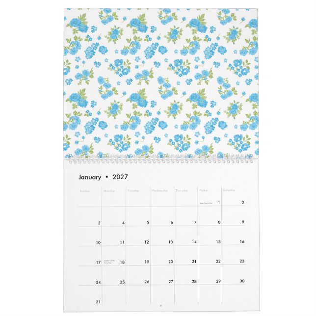 a white background with blue flowers and green lea calendar (Jan 2027)