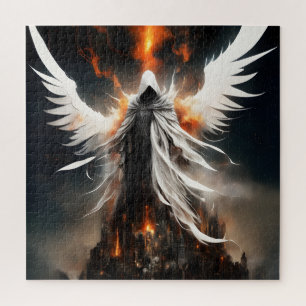 A white bloody angel female towers over a destroye jigsaw puzzle
