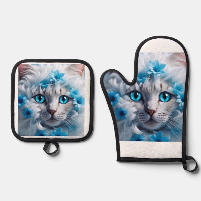 A white cat beautiful eyes  oven mitt & pot holder set (Front)
