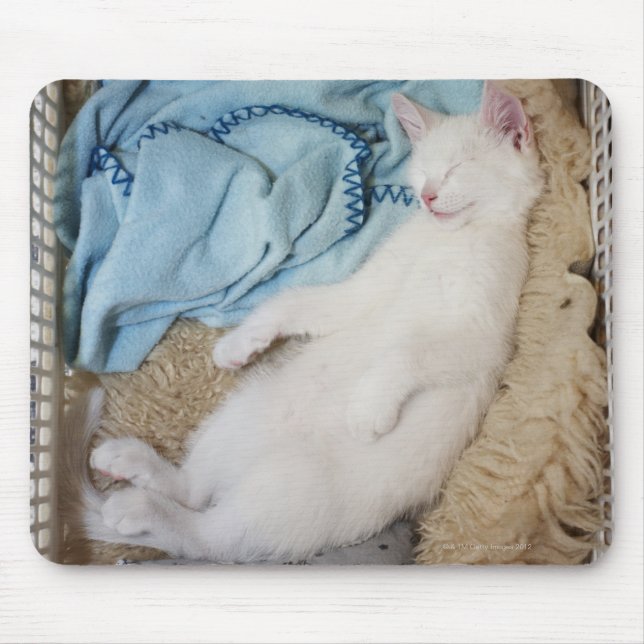A white cat sleeping in a laundry basket, mouse pad (Front)