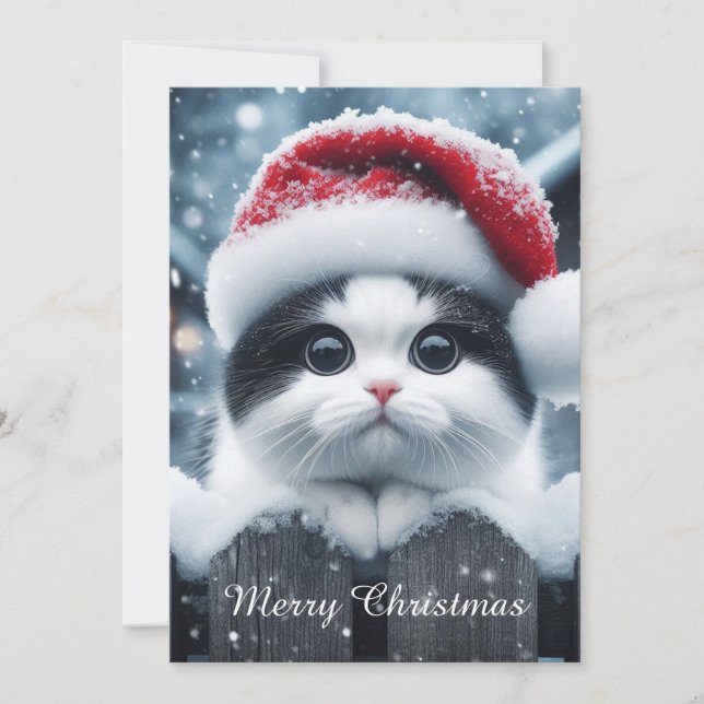 A white cat with Santa hat  Holiday Card (Front)