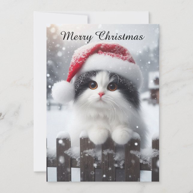 A white cat with Santa hat  Holiday Card (Front)