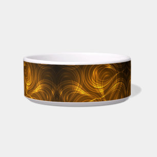 A white ceramic bowl featuring a swirling golden