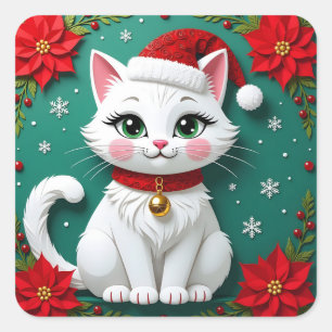A White Festive Cat with a Christmas Background Square Sticker
