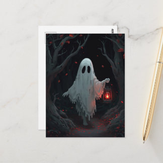 A white ghost holding a red lantern in a hamfores postcard