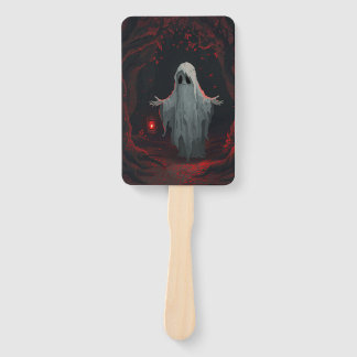 A white ghost holding a red lantern with red leave hand fan